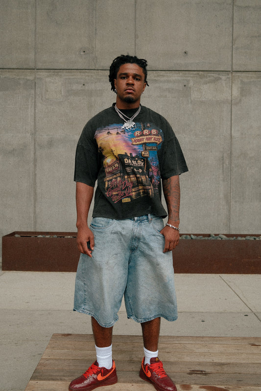 Welcome to the Block washed black tee, front view on RRB member